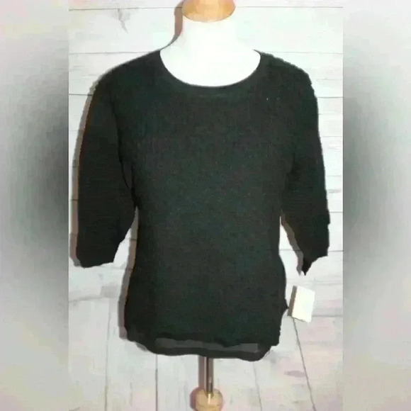 Troupe Women’s Scalloped Blouse Black High Low Shear Sleeve Stretch Top Medium - Picture 1 of 7